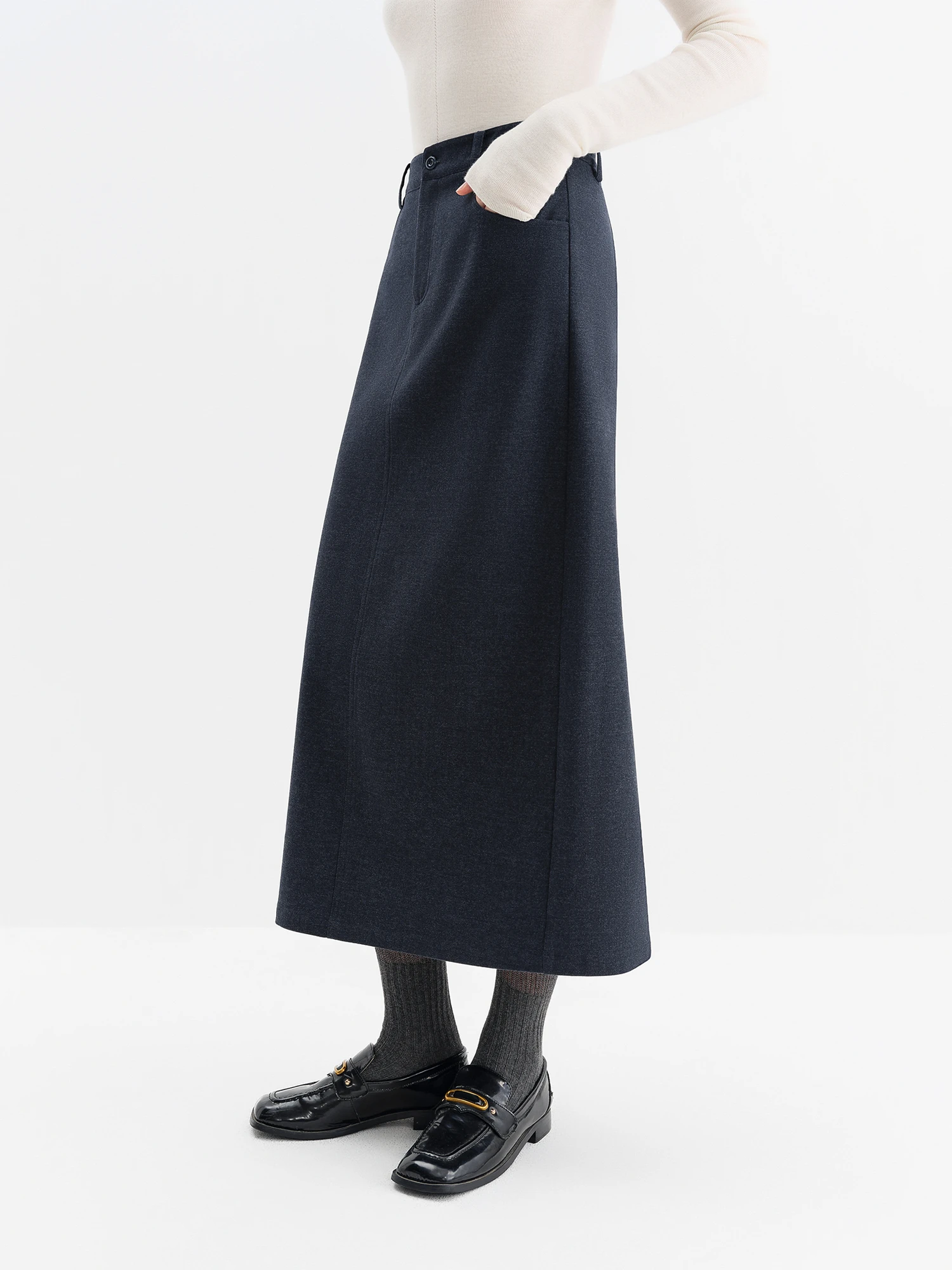 ​FSLE 2025 Winter Women's Dark Blue High Waist Denim Skirt Rivet Detail - A-Line Stretch Mid-Length Skirt for Daily Casual Wear