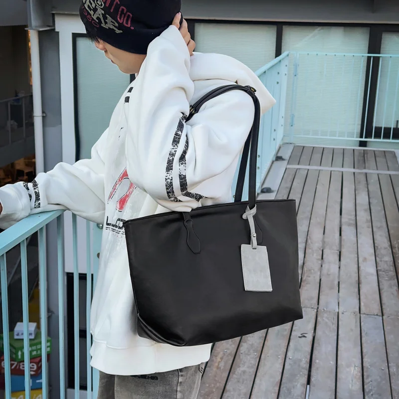 Waterproof Japanese and Korean StylePULeather Large Capacity Tote Bag Men's Casual Commuting Travel Handbag Fashion Shoulder Bag