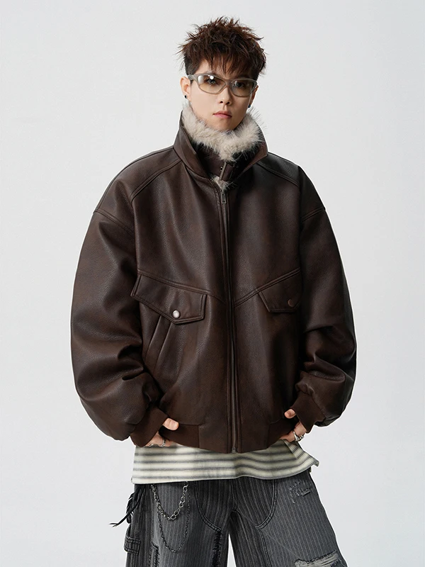 

Американская ретро-куртка из утолщенной искусственной кожи с хлопковой подкладкой и меховым воротником, теплая, унисекс, с элементами из кожи и хлопка.