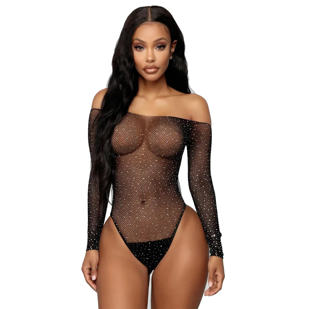 

Sexy Fishnet Bodysuit See-Through Mesh Tight Women's Sparkling Rhinestone Body Socks Open Off Shoulder black sexy leopard