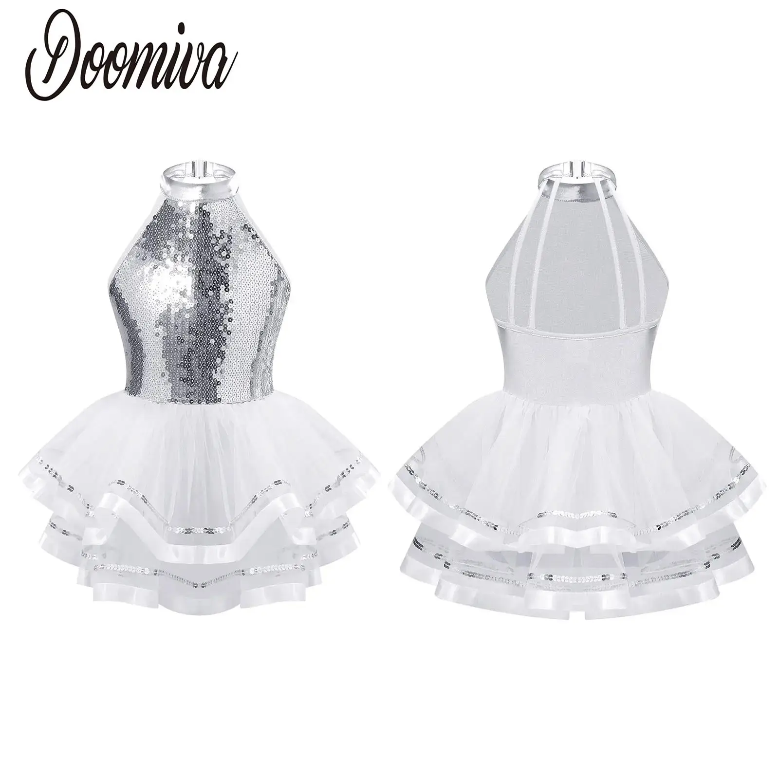 

Girls Jazz Latin Tutu Dance Dress Halter Sleeveless Sequined Leotards Tulle Skirted Ballet Skating Dancewear Performance Costume