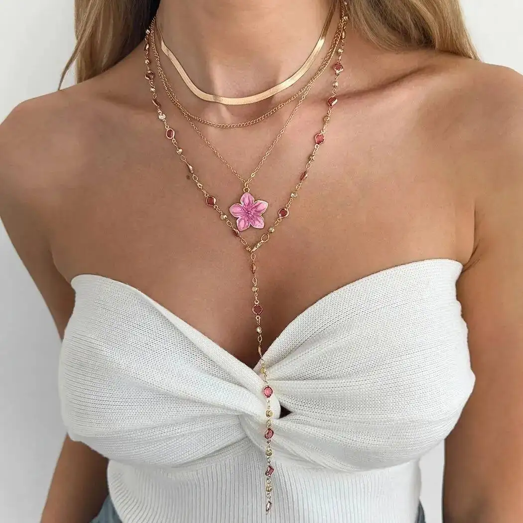 SHIXIN 4Pcs/Set Fashion Elegant Flower Pendant Necklaces Women Vintage Simple Crystal Chain Choker Daily Party Jewelry Gift 2026