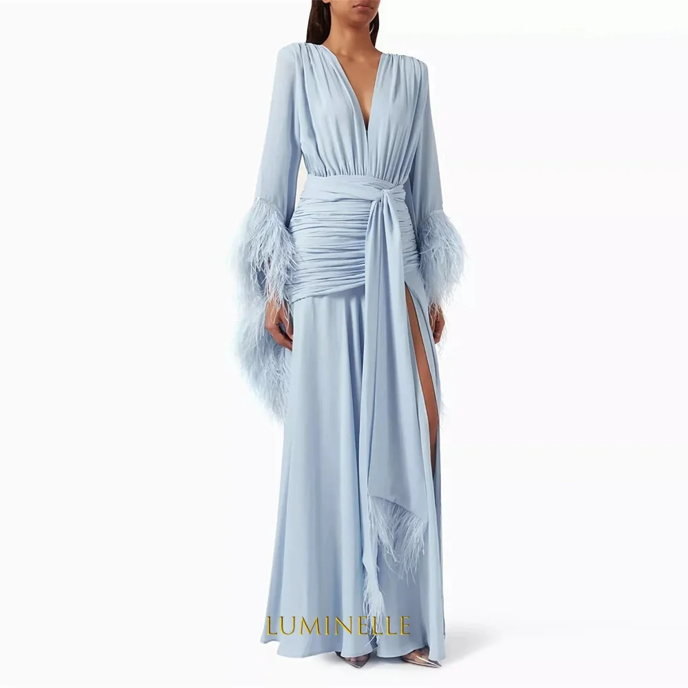 Customized V-Neck Side High Slit A-Line Prom Dresses Long Sleeve Elegant Evening Gowns Cascading Ruffle Party Dresses 2026