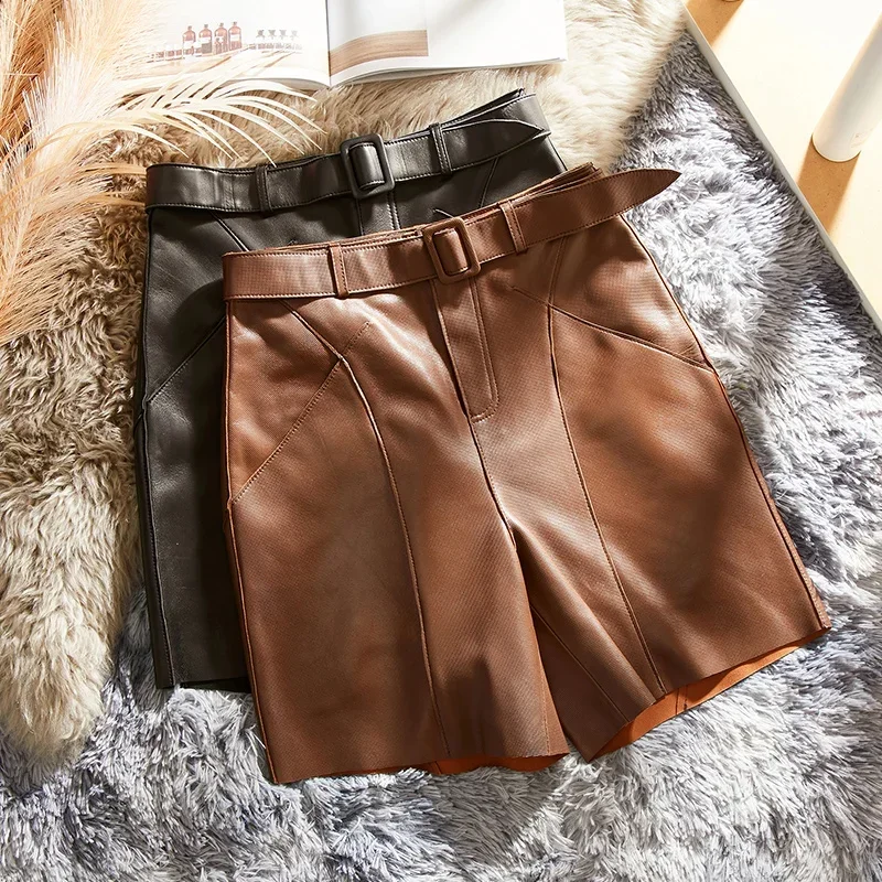 Genuine Leather Pants Female Autumn New Sheepskin Trousers High Waist Women Wide Leg Pants Casual Pants Streetwear Women 2024