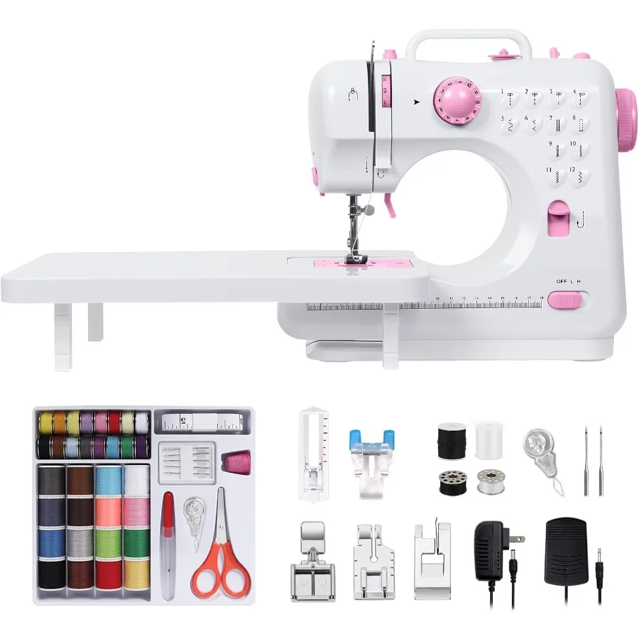 

Sewing Machine for Beginners Mini Sewing Machine with 5 Replaceable Presser Feet Extension Table 12 Built-in Stitches Portable
