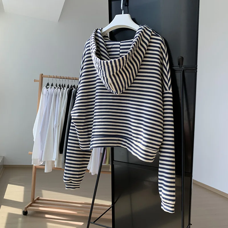 Striped Hoodie Women's Autumn Women 2024 New Loose Vintage Sweatshirt Korean Fashionable Long Sleeved Jacket Casual Cardigan Top