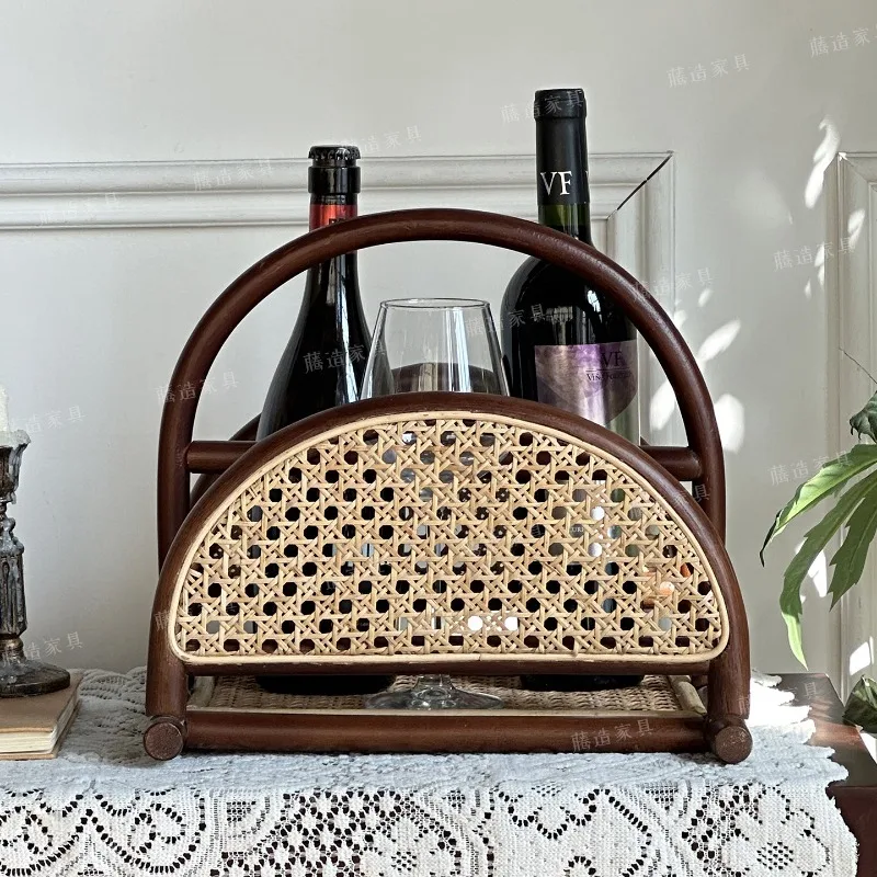 Vintage Rattan Magazine Rack Semi-circular Solid Wood Storage Shelf Arch Handle Newspaper Holder Elegant Book Display Stand