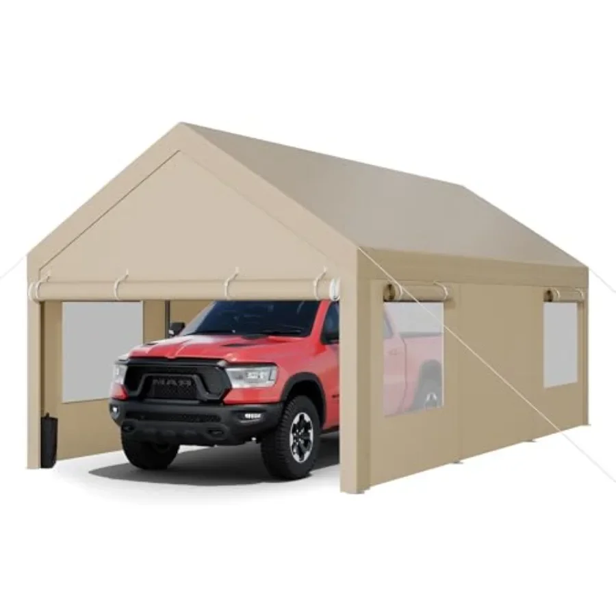 Carport for outdoor use, durable polyester fabric, khaki color, waterproof and UV-resistant