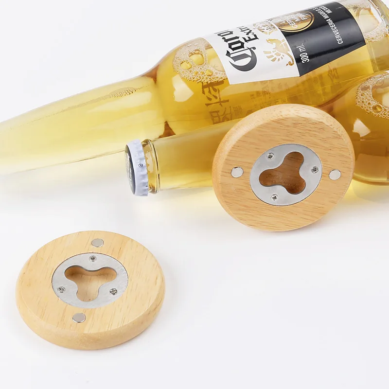 7cm Round Oak Wood Beer Bottle Opener with Magnetic Fridge Magnet, Personalised Logo for Promotion Wedding Gift view 3