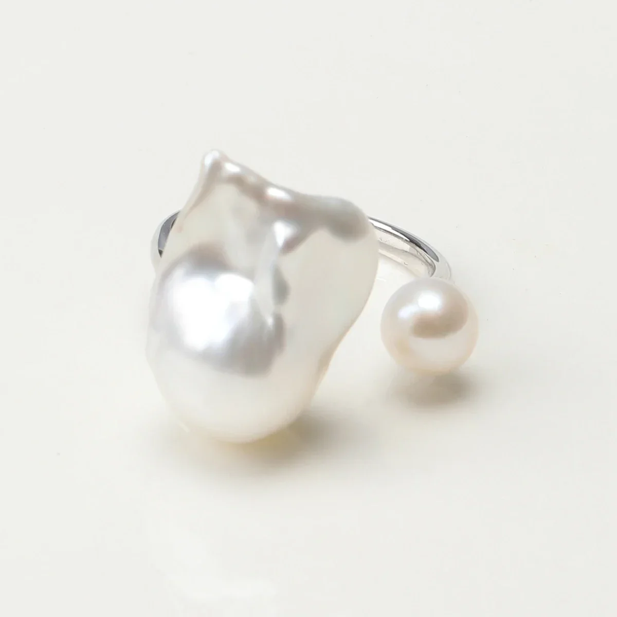 Aurora Bright White Natural Irregular Shaped Baroque Freshwater Akoya Double Pearl Ring S925 Sterling Silver Adjustable Opening