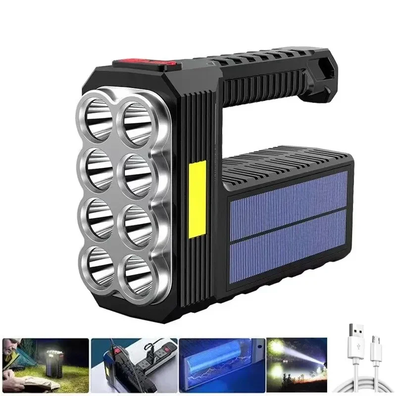 8LED Rechargeable Flashlight Solar Powered with COB Sidelight 4Mode Portable Waterproof for Outdoor Emergency