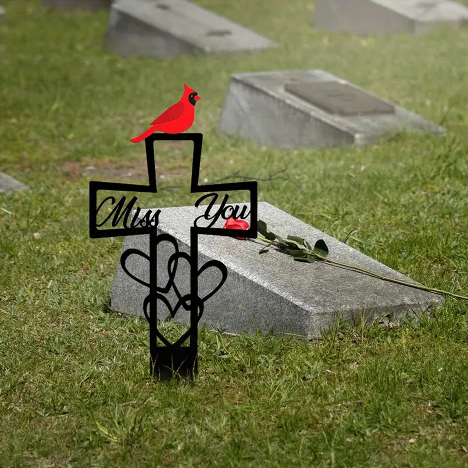 Metal Memorial Ground Stake for Remembrance Red Bird Markers Cross Sign 5.87x11.82in for Garden Outdoor Sympathy Gifts