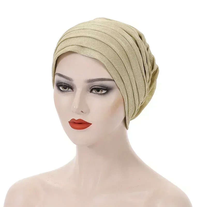 2025 Glitter Full Body Pleated Turban Cap for Auto Geles Women Head Wraps Muslim Hijab Headscarf Hat Turbante African Headpiece