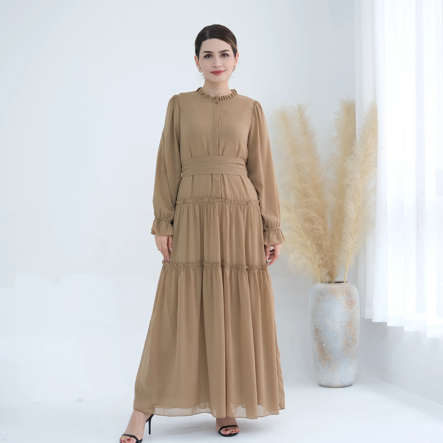 Middle East Pure Beauty Solid Color Ankle Length Dress for Women Fashion Muslim Woman