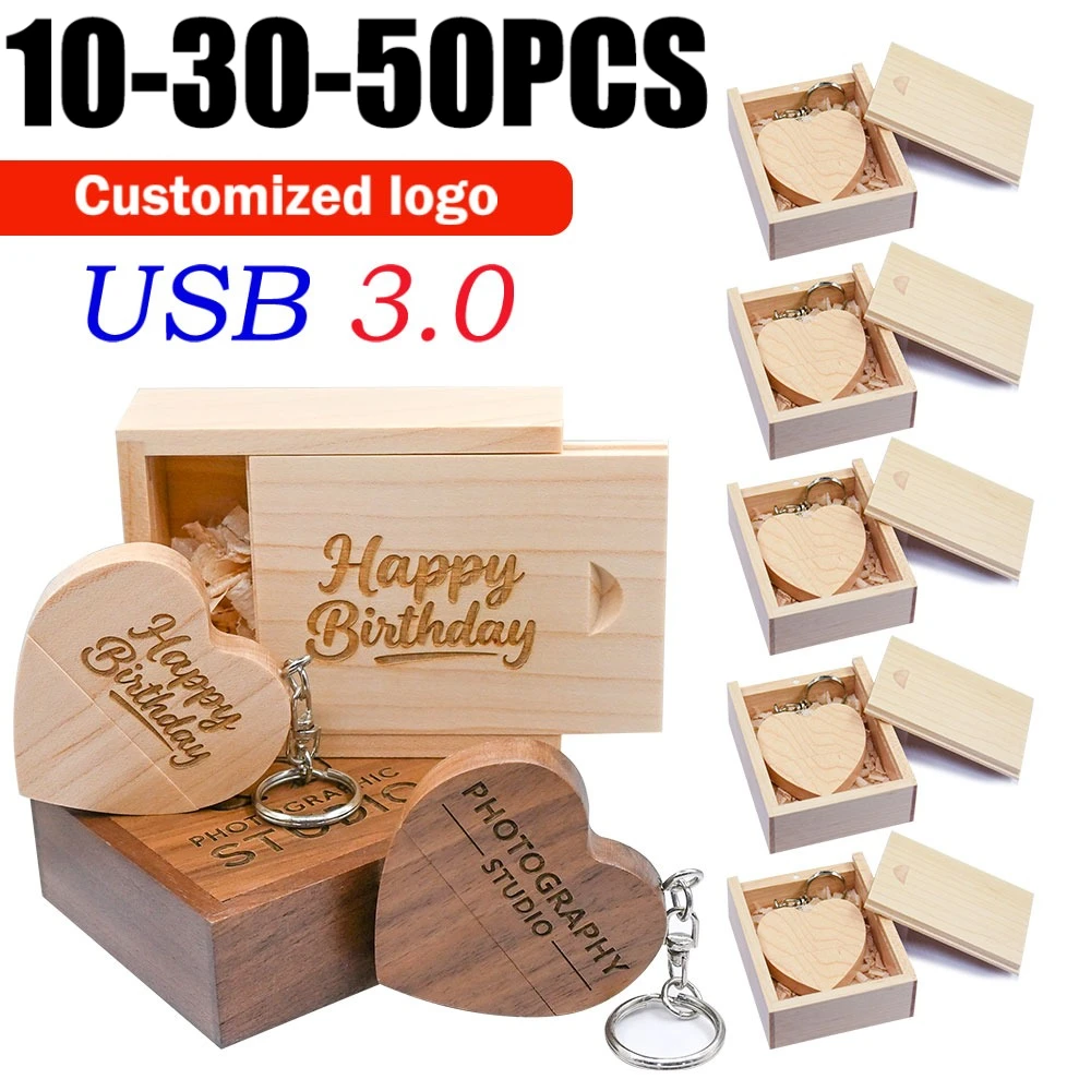 10/30/50PCS Free Logo USB 3.0 Wooden Heart USB+BOX Flash Drive Pendrive 32GB 16GB 8GB Memory Stick Photography Wedding Gifts