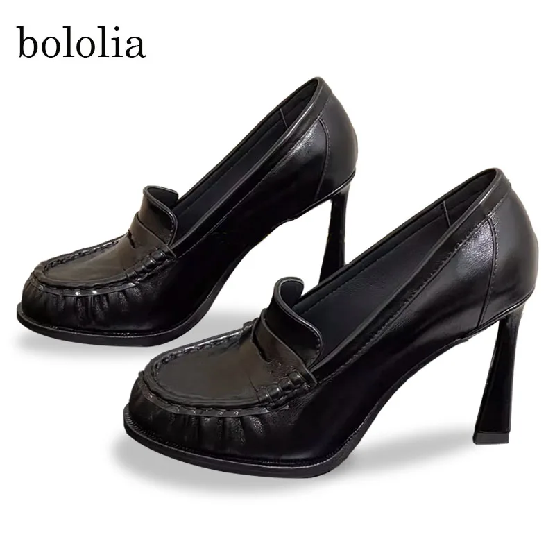 

High Quality Genuine Leather Women's Loafer Pumps Super High Heel Slip on Outdoor Footwear Fashion Personality Designer Dress Sh