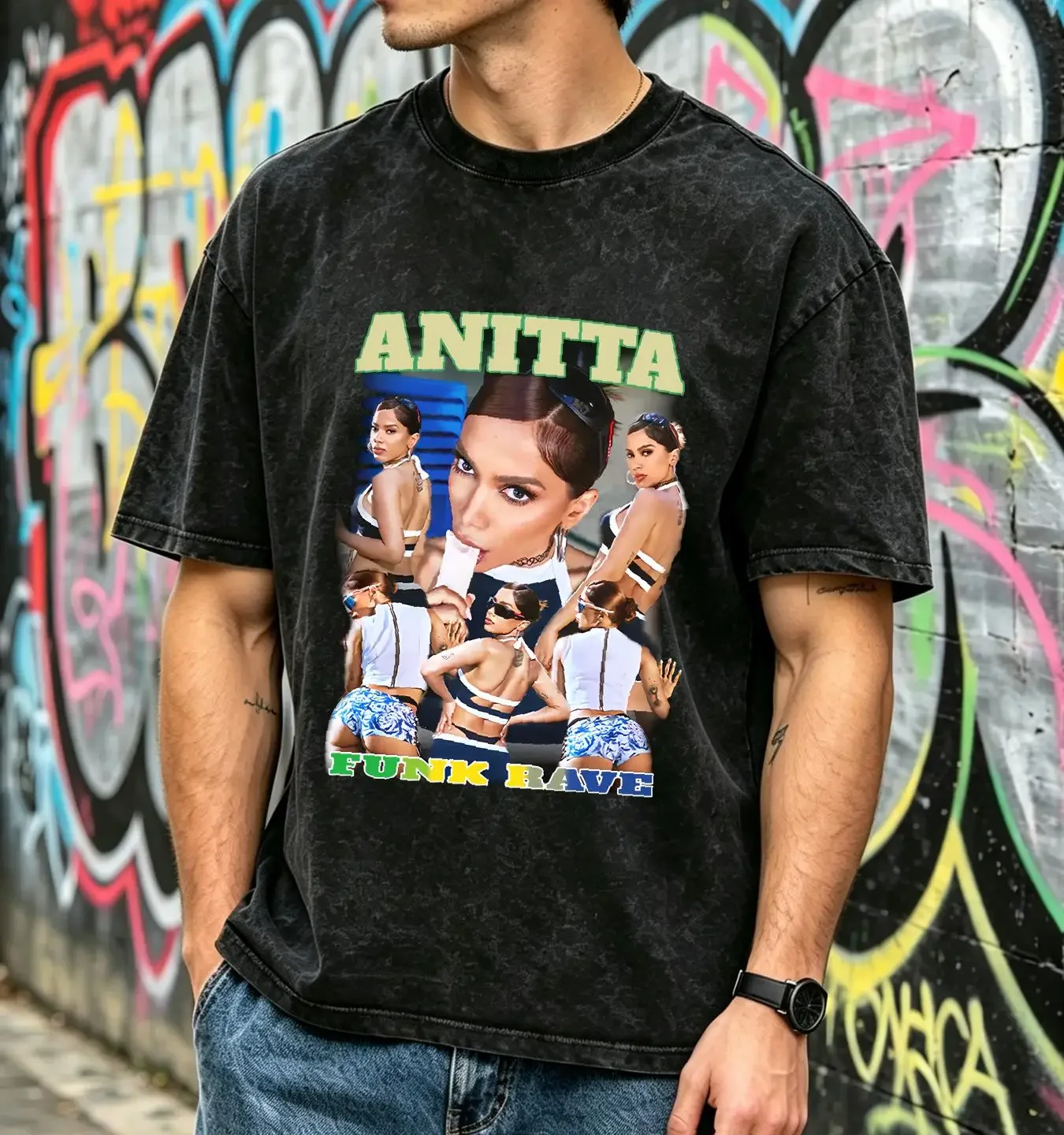washed T Shirt ANITTA Funk Rave Collage Crewneck Casual long or short sleeves vintage Washed Breathable fashion graphic homme