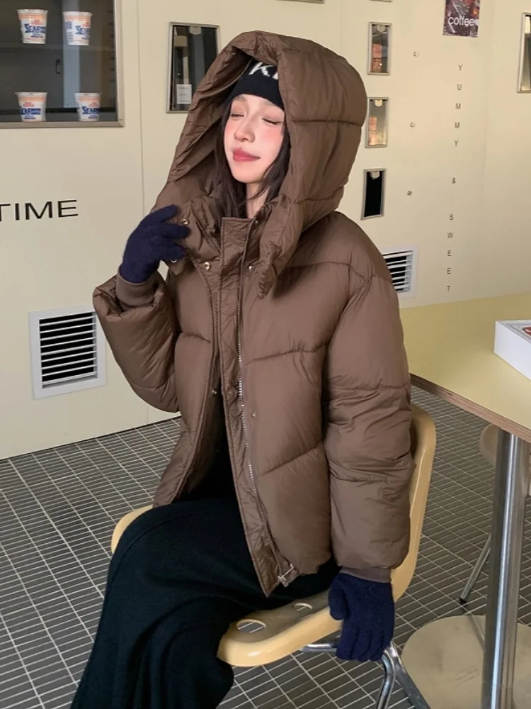 Women Hooded Parkas Coat Short Jacket Solid Long Sleeve Zipper Single Breasted Straight Fit Thick Casual Office Lady 2025 Winter
