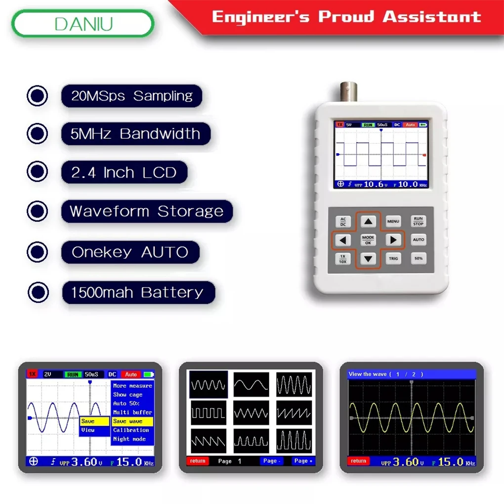 

2.4 Inch Colorful Screen Digital Oscilloscope 3 Trigger Modes Portable 20Msa/s 5Mhz Signal Generator Measuring Instrument