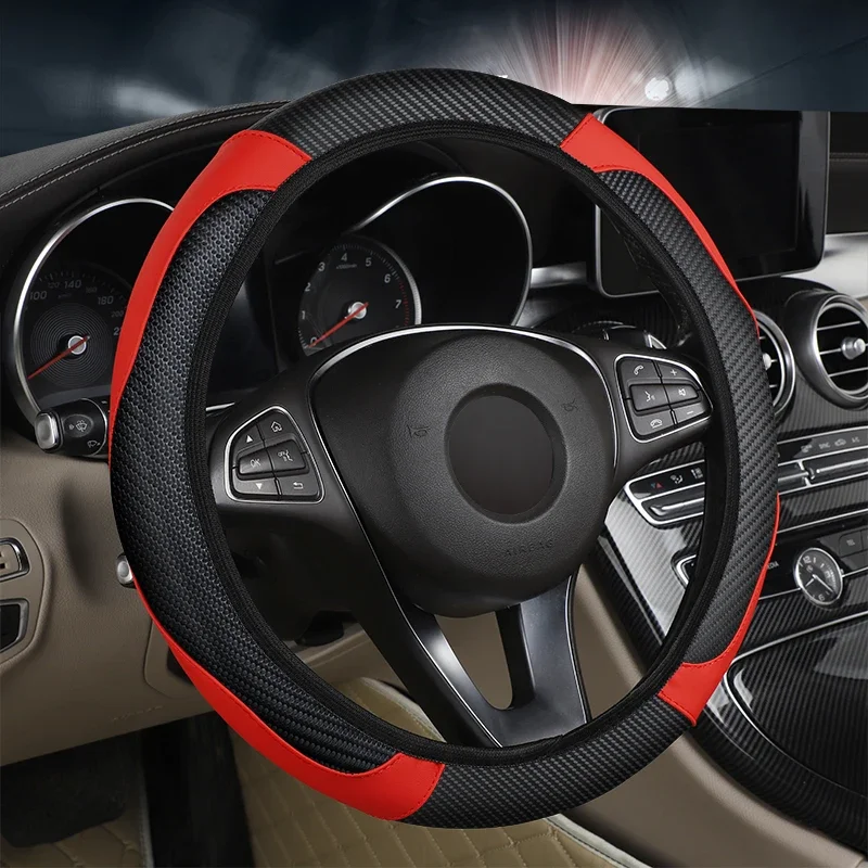 Car steering wheel protector made of leather and carbon fiber pu without inner ring suitable for 14.5-15 inches of automotive