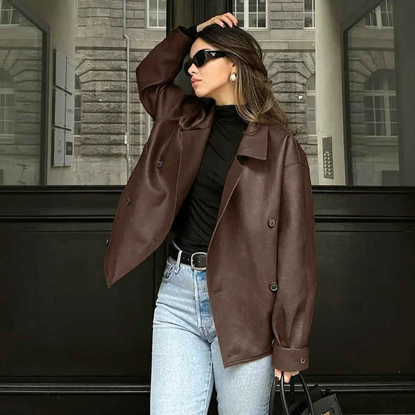 Winter Vintage Brown Leather Jacket Women's Loose Suit Collar Mid-Length Coat Artificial Leather Long Style Ladies' Outerwear