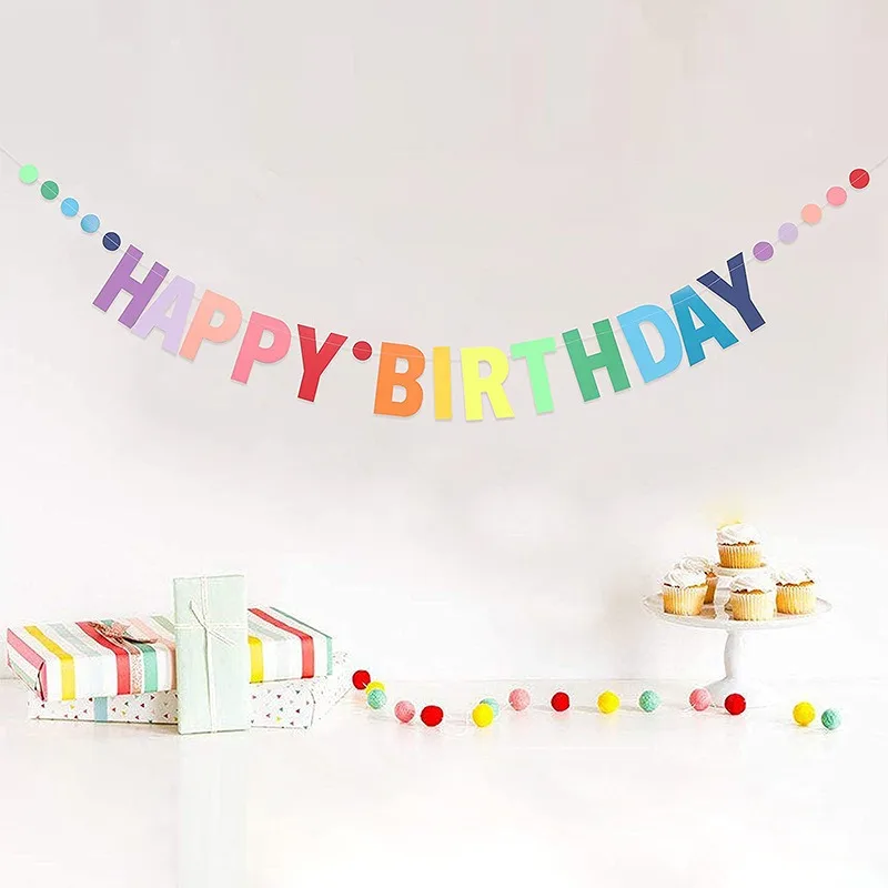 Rainbow Color Happy Birthday Banner Paper Kids Birthday Party Hanging Flag Decoration Children\'s Birthday Party Decorations