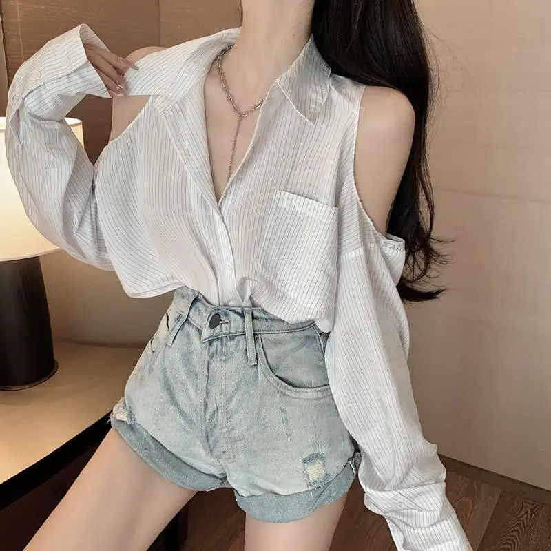 

Off Shoulder Striped Loose Sexy Blouse Summer New Long Sleeve Polo Neck Thin Trend Shirt Tops Casual Fashion Women Clothing