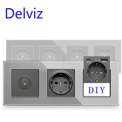 Delviz Wall Light 2 Way Switch,Tempered Glass Panel,USB Fast charging, Electric plug triple Outlet, USB C DIY Combined EU Socket