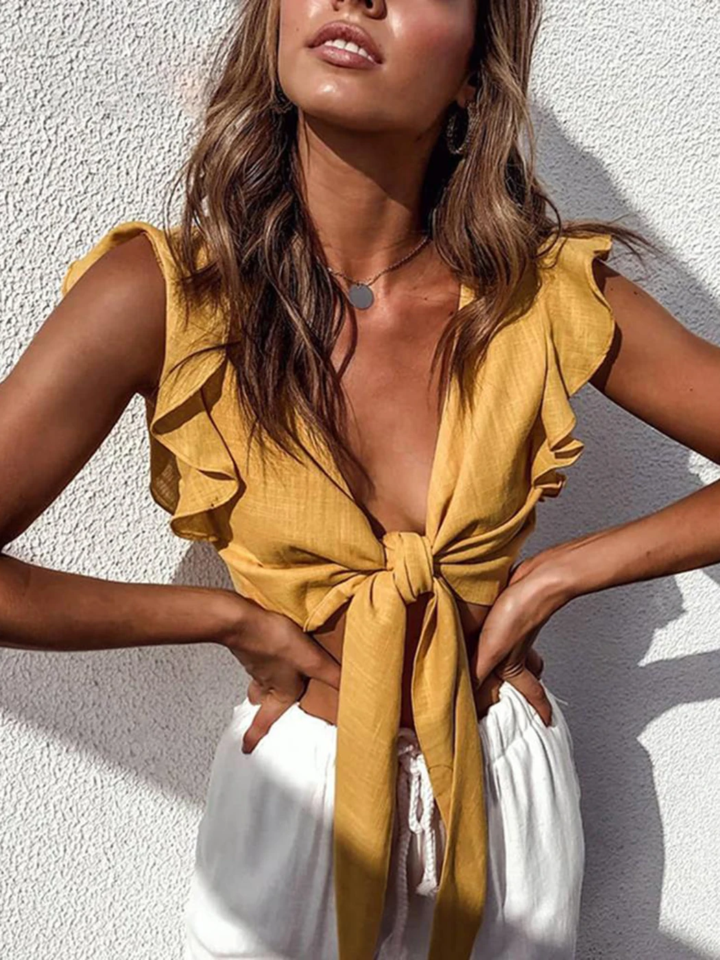 Solid Bodycon Sexy Summer 2025 Short Blusas Ruffle Sleeve V Neck Shirts Beach Streetwear Casual Tunic Womens Tops and Blouses