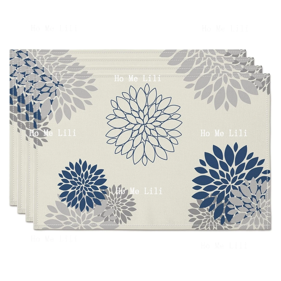 Blue Gray Placemat Dahlia Pinnata Flower Beige Burlap Waterproof Rectangular Place Mats Modern Washable Farmhouse Table Top Deco