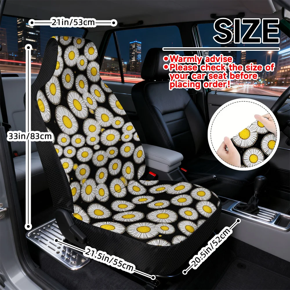 Set Of 2 Car Seat Covers Featuring A Black Daisy Design, Suitable For All Seasons And Most Vehicles, Perfect For A Stylish Inter