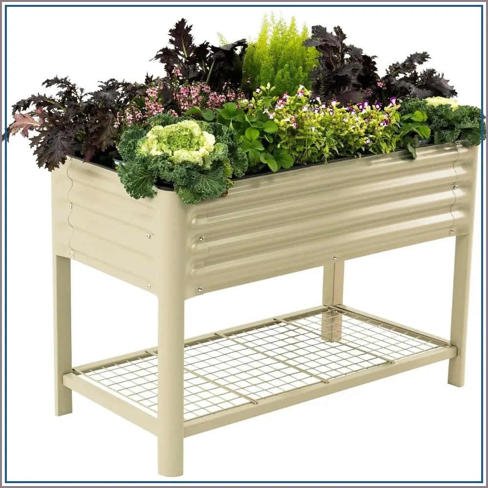 Raised Garden Bed 2x4 Outdoor Planter Box with Legs & Storage Rack, 700Lbs Capacity, Pearl White