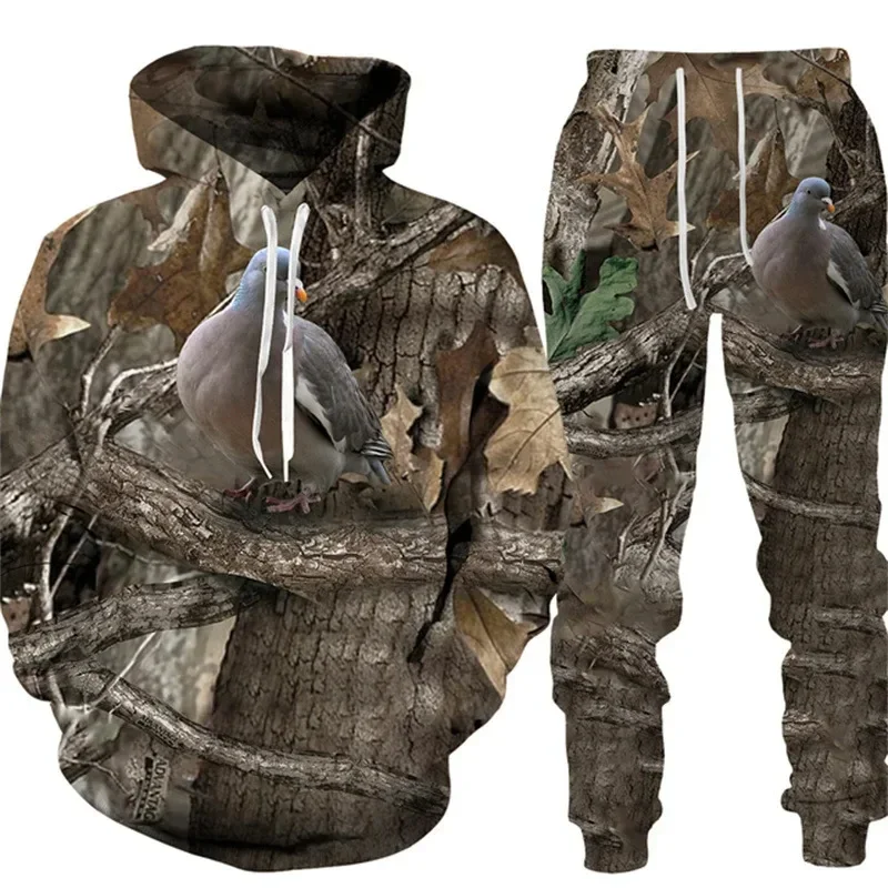 Hot Sale Camouflage Wild Boar Hunting Men\'s Hoodies Pants Set 3D Printed Animal Series Sportswear   Piece Outdoor Sports Suit