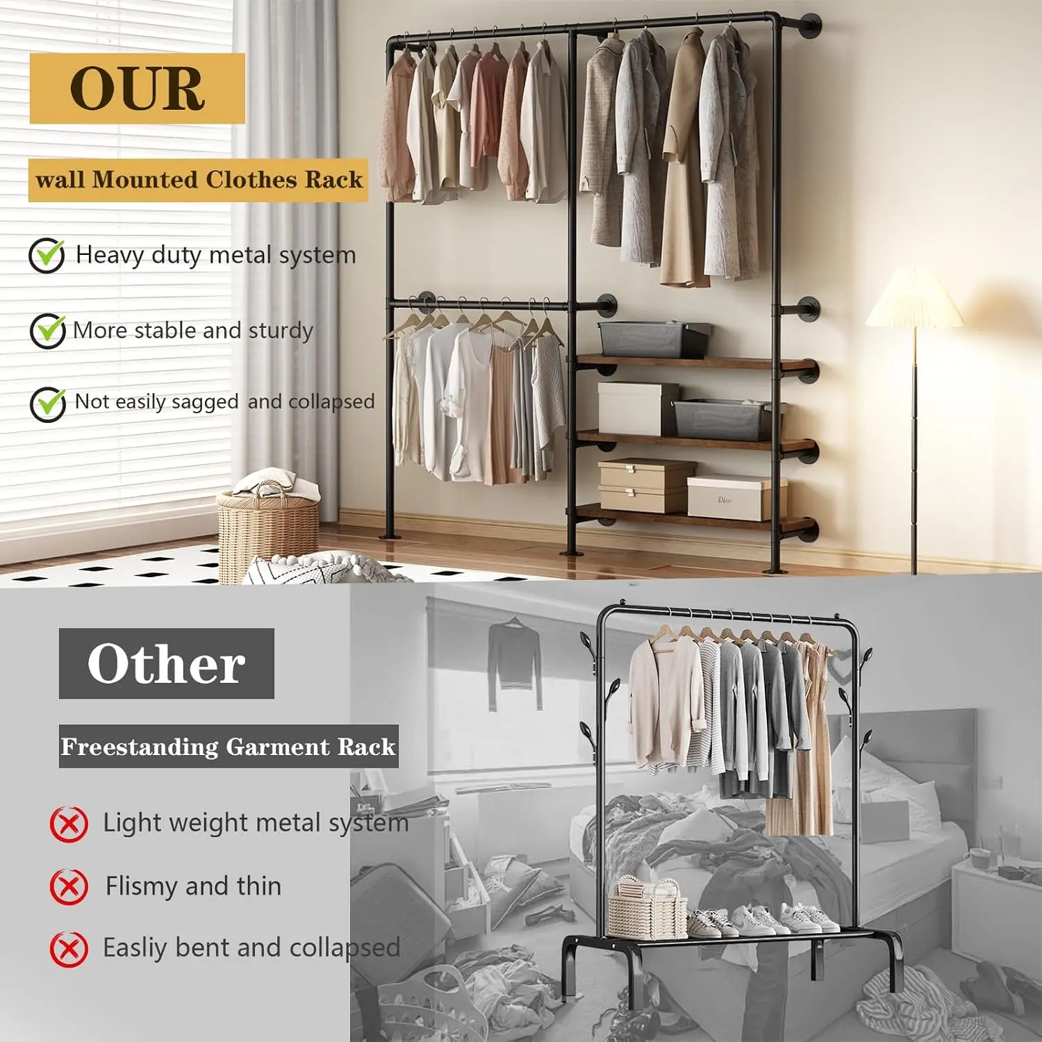 70.8 Inch Black Wall Mounted Industrial Pipe Garment Rack with Storage Shelves, Heavy Duty Multi-Purpose Wardrobe Clothes Hanging Closet Organizer view 2