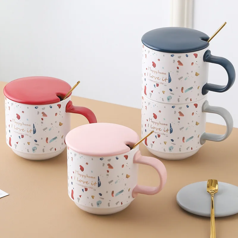 410ml Splicing Ceramic Coffee Cup Nordic Style 2026 New Household Pink Cute Water Cups Gold-drawing Letter Light Luxury Mugs