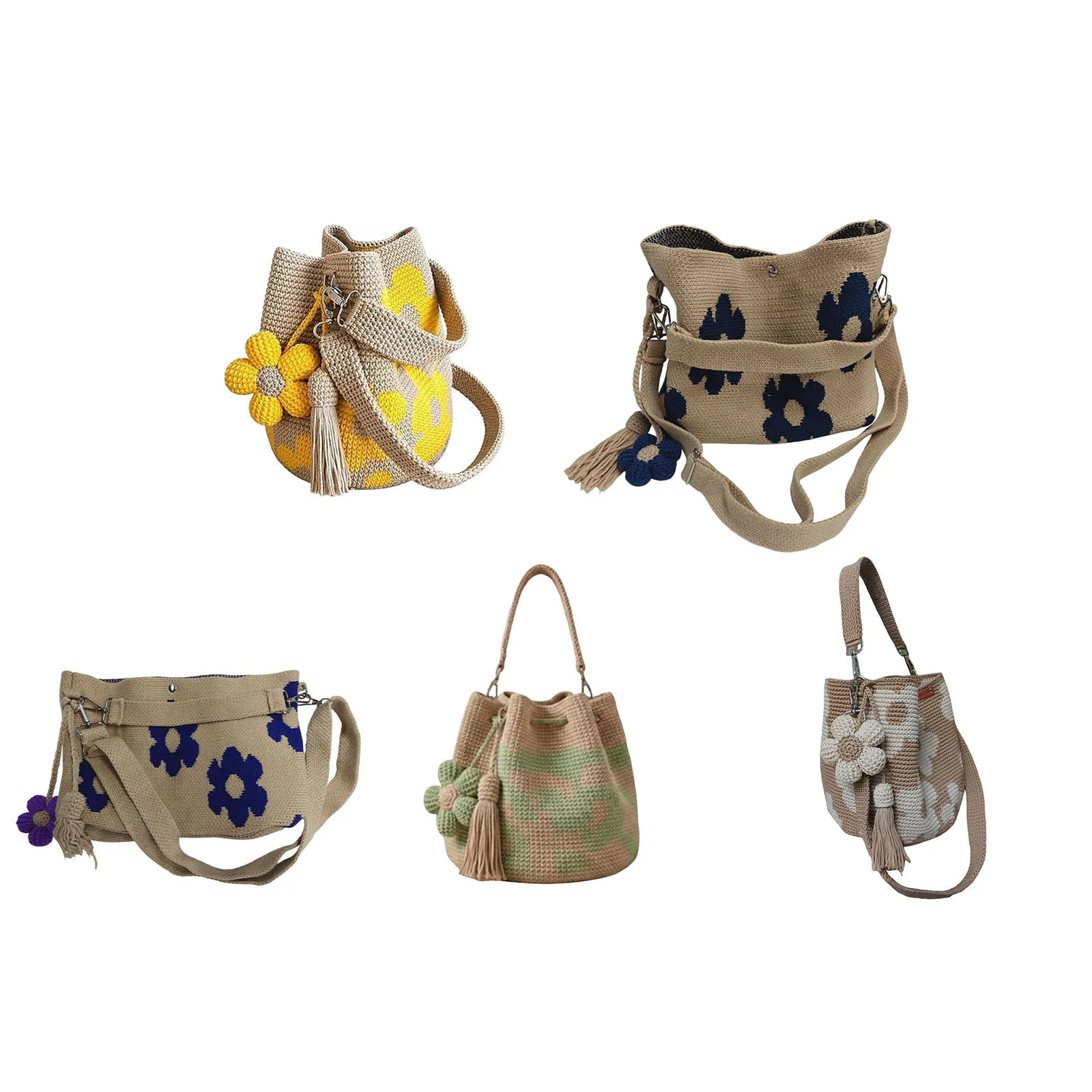

Crossbody Shoulder Bag Lightweight Cute Bucket Bags with Flower Tassel Hand-Crochet Woven Summer Beach Bag for Women Vacation