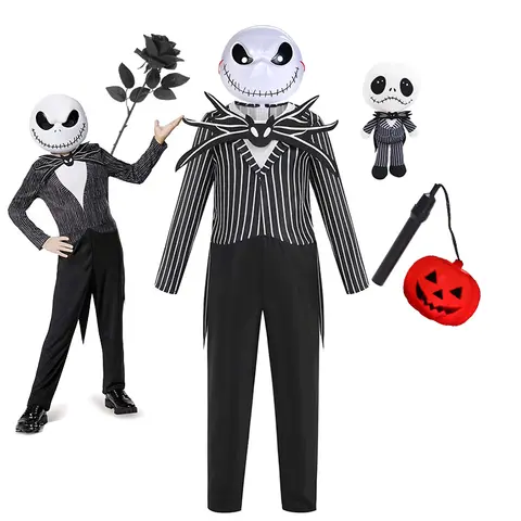 Boys Black Skull Jack Cosplay Costume Bodysuit Suit Halloween Christmas For Kids Girls Party Dress Up Carnival Clothes