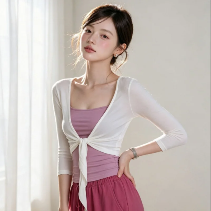 Women's Short Sleeve Open Cardigan Tie Waist Design Slimming Effect Autumn 2026 New Style Casual Wear Polyester Fiber