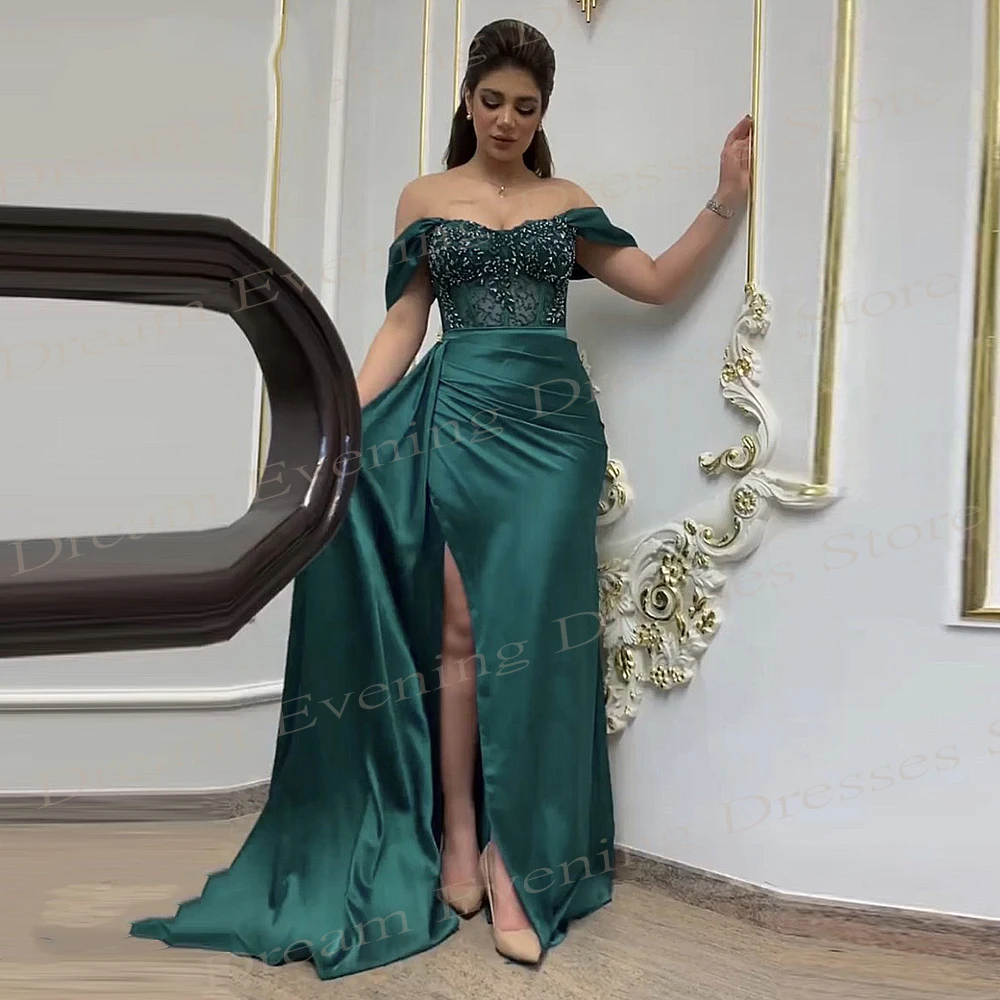 

Sexy Modest Green Women's Mermaid Classic Evening Dresses Charming Off The Shoulder Beaded Prom Gowns Split فساتين حفلة موسيقية