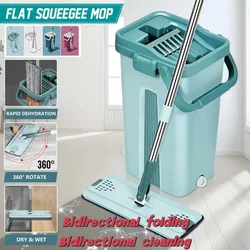 Flat Squeeze Mop with Bucket Hand Free Wringing Floor Cleaning Mop Microfiber Mop Pads Wet or Dry Usage on Hardwood Laminate