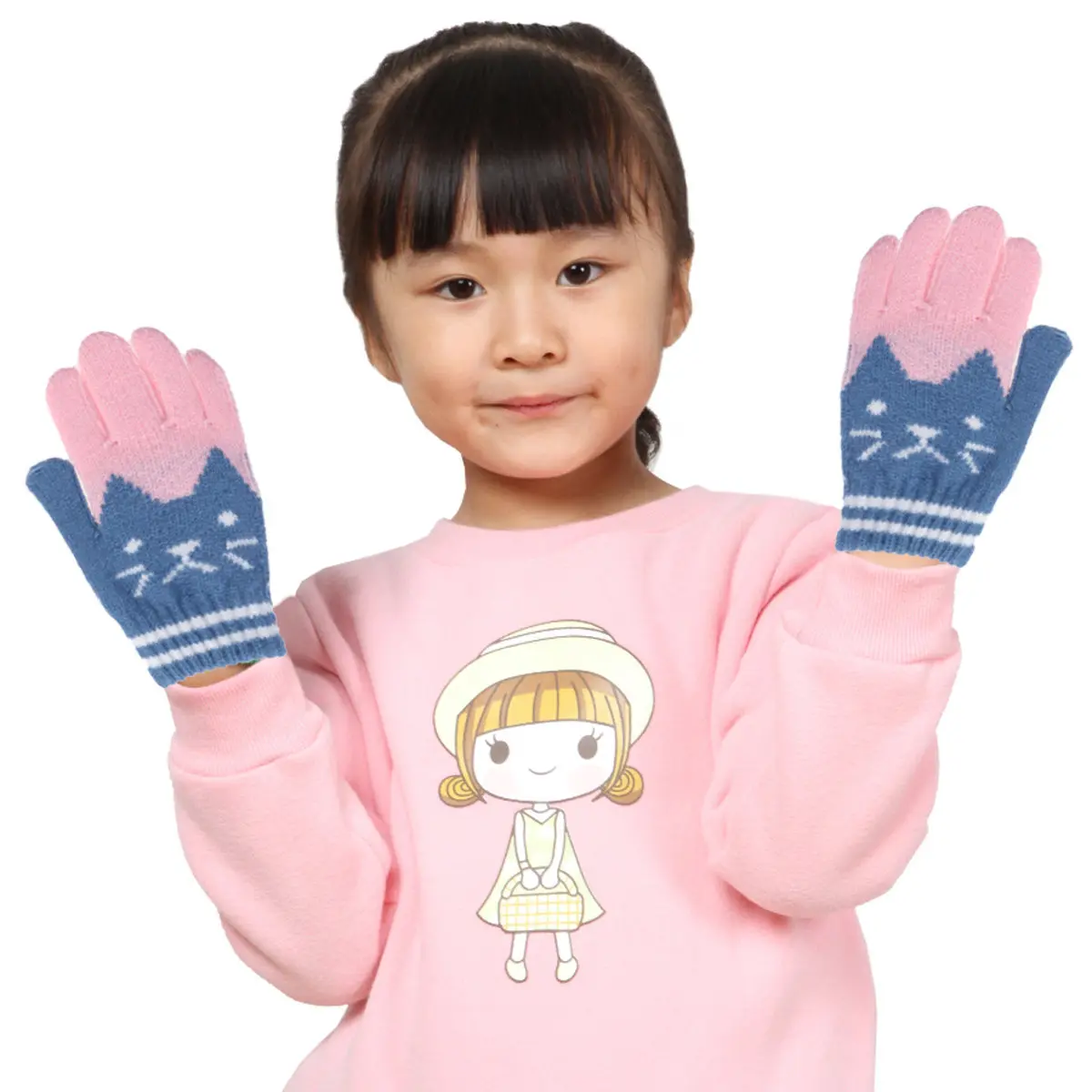 

Girl Winter Knit Gloves Warm Soft Wool Texture Stretchy Kids Hand Warmers Easy Match Outfit Colors Available Blue