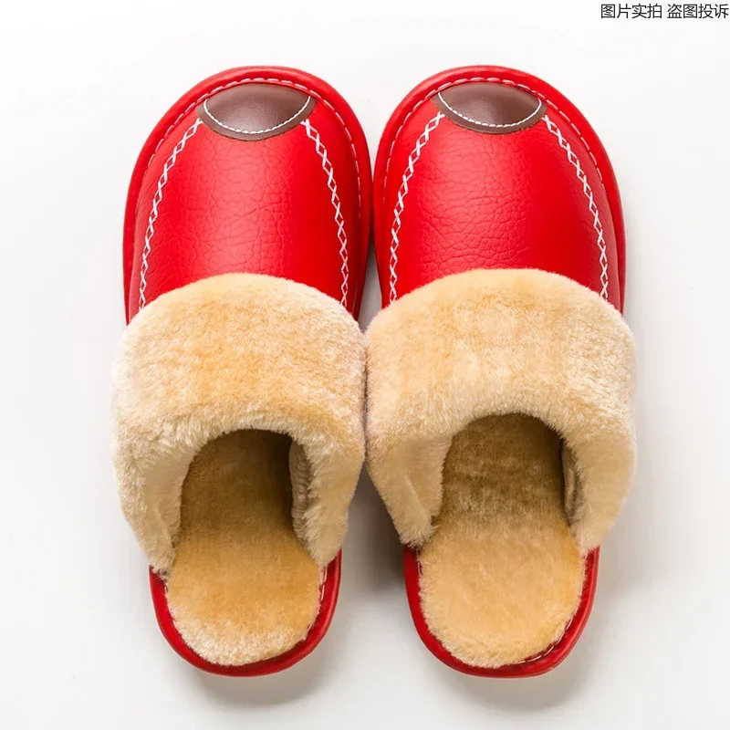 FONGIMIC Men Slippers Black New Autumn PU Leather Slippers Warm Indoor Slipper Waterproof Home Shoes Men Warm Leather Slippers