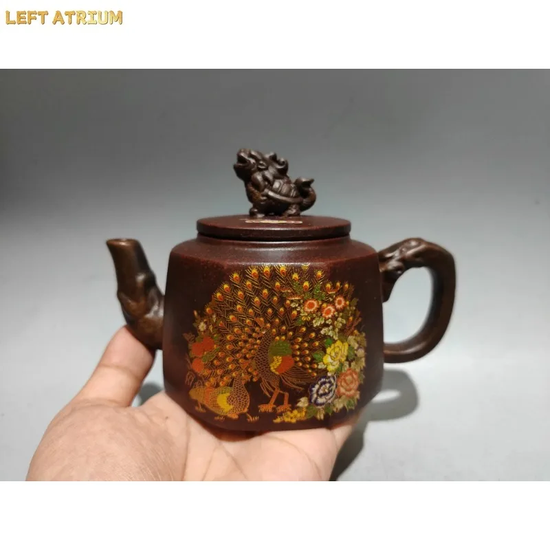 Old Chinese Handicraft Enameled YiXing Zisha (red stoneware) Teapot,A double-colored bird teapot, with mark, Free shipping