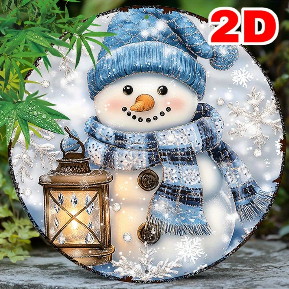 1 Stück rundes Aluminiumschild – 2D-Weihnachtsschneemann-Metalldruck, kreisförmige Kranzdekoration für Garage zu Hause
