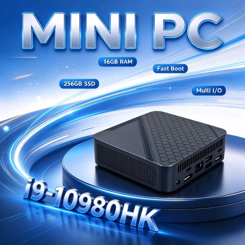 Computador doméstico compacto e portátil, com processador Intel Core i9 10980HK, 16 GB de RAM, SSD M2 NVMe, suporte para três monitores 4K, WiFi 6 e sistema de refrigeração silencioso.