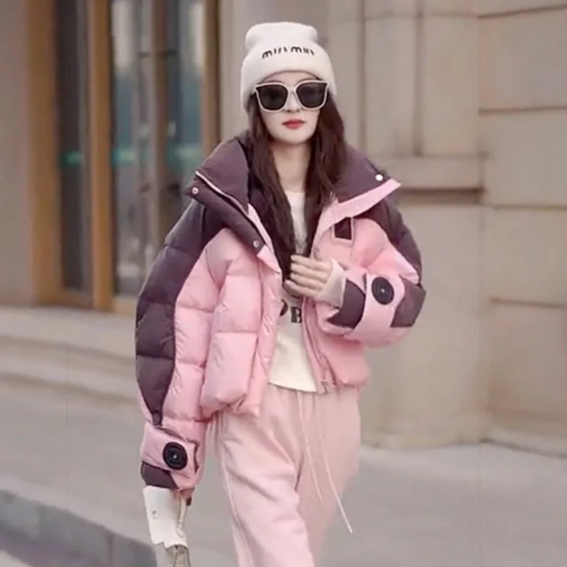 Women Patchwork Short Parkas Full Sleeve Jackets Turn Down Collar Loose Zipper Coats Casual Pockets Elegant Outerwear Winter