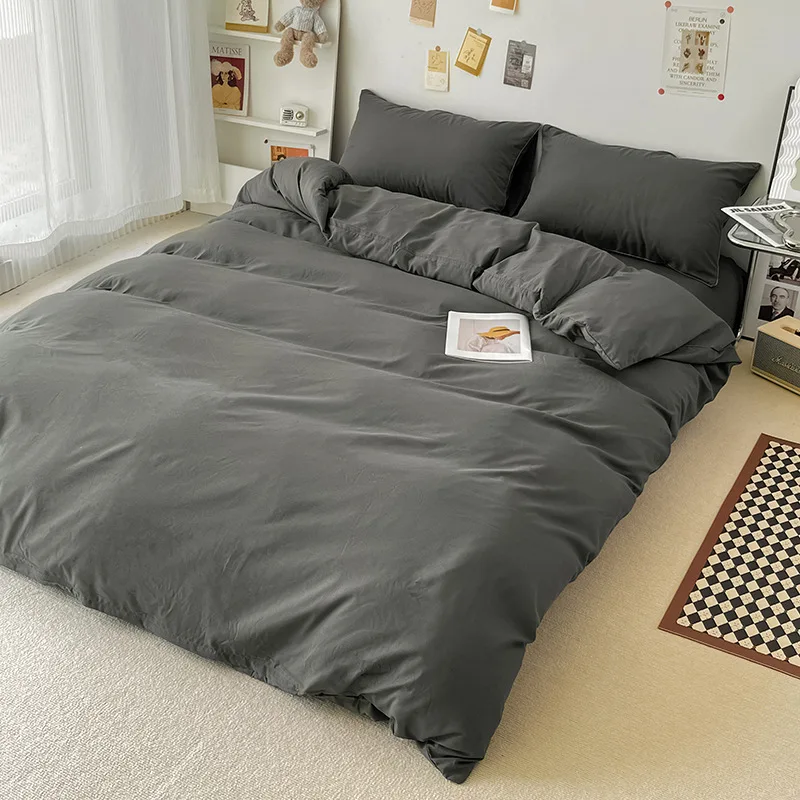 Simple Plain Home Textiles Water-washed Cotton Bedding Four-piece Set High Quality Duvet Cover Bed Sheet 2 Pieces Pillowcase