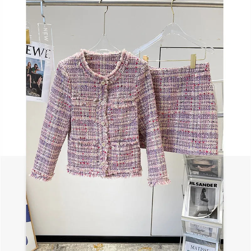 

Spring France Style Suit Women's High Quality Tweed Jackets + Mini Skirt Two Piece Set C285