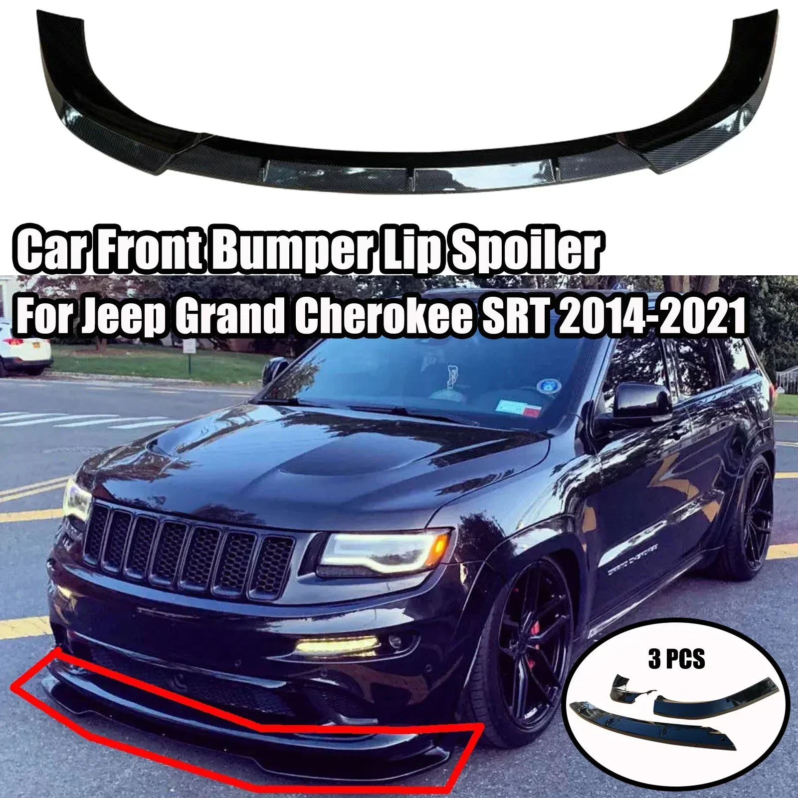 

3Pcs Car Front Bumper Lip Spoiler Splitter Carbon Fiber Style Matte Black Glossy Black For Jeep Grand Cherokee SRT 2017-2021