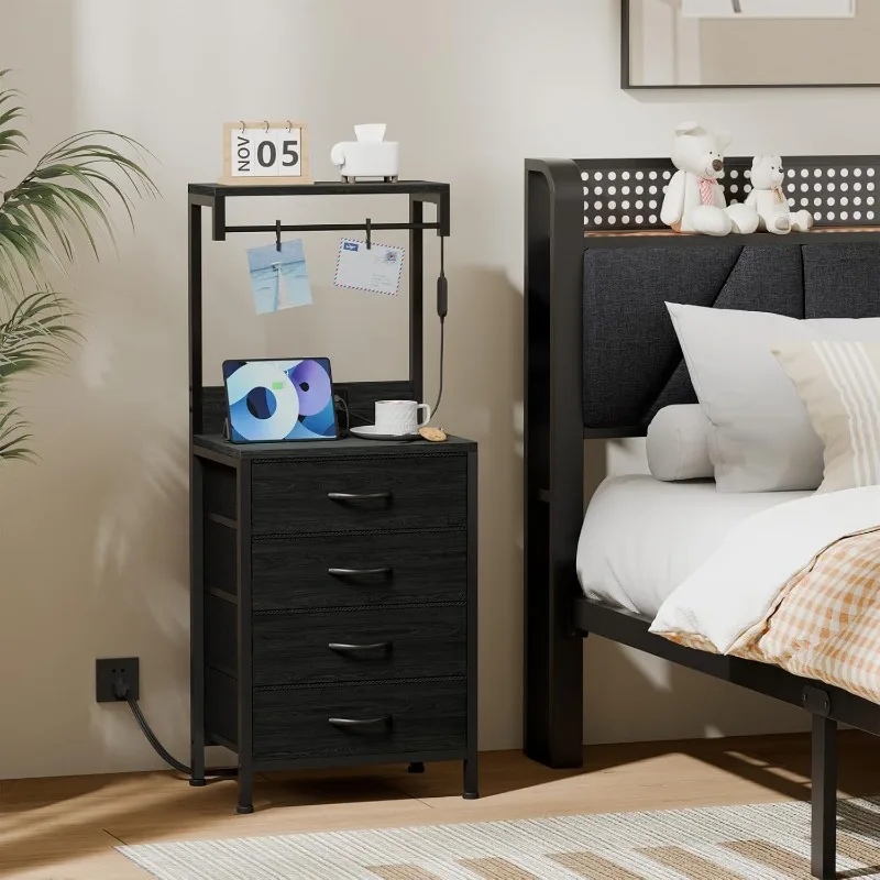 

Tall Nightstand with Charging Station, Night Stands with LED Lights and Storage Shelves, Bed Side Table for Bedroom, Hallway